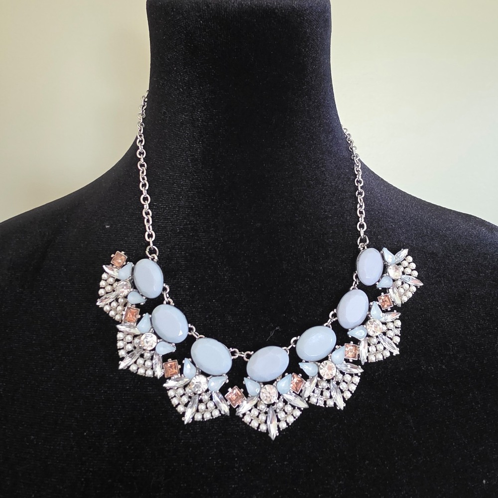 True Love Light Blue Cabochon Faux Pearl Crystal Statement Bib‎ Necklace Silver